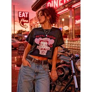 Betty Boop Biker Graphic Tee Black Y2K Cropped Boxy Pink Heart Women's M